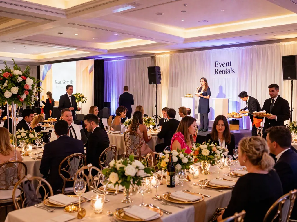 Guests enjoying a gala with Event rentals setup, showcasing elegant décor and lighting.