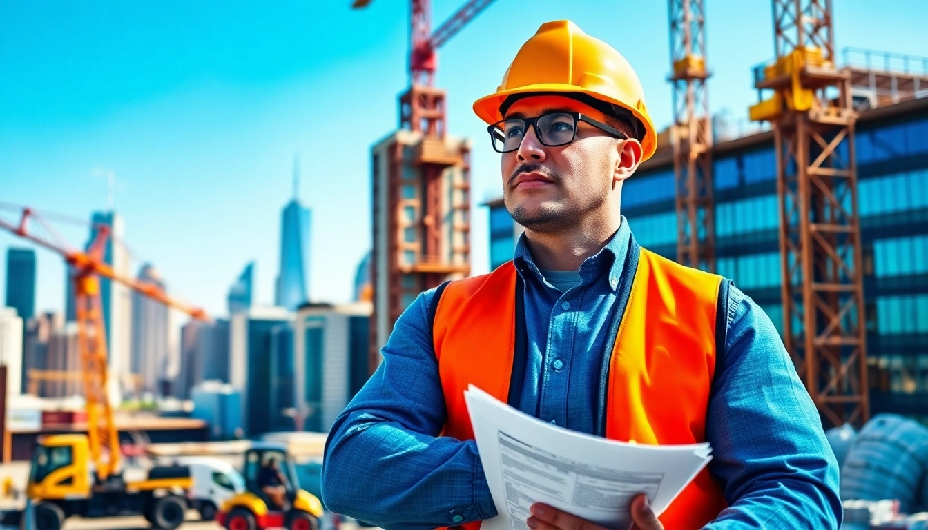 New York Construction Manager coordinating a project at a bustling construction site.