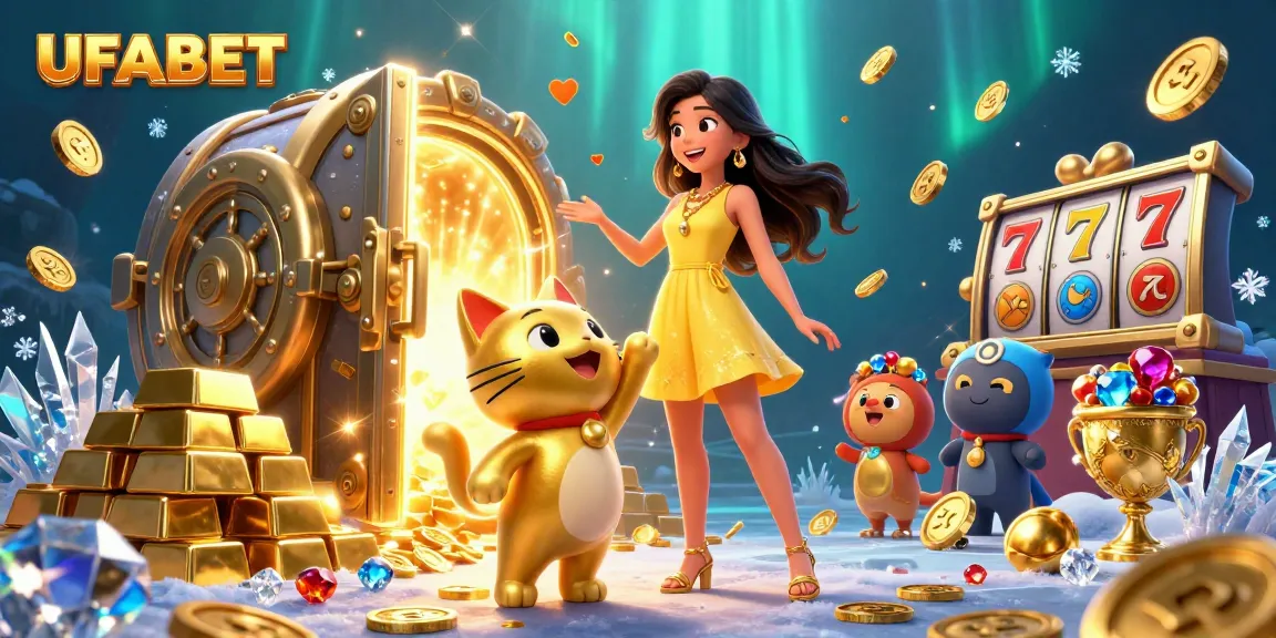 Experience thrilling slots at UFABET with vibrant 3D illustrations of lucky characters and treasures.