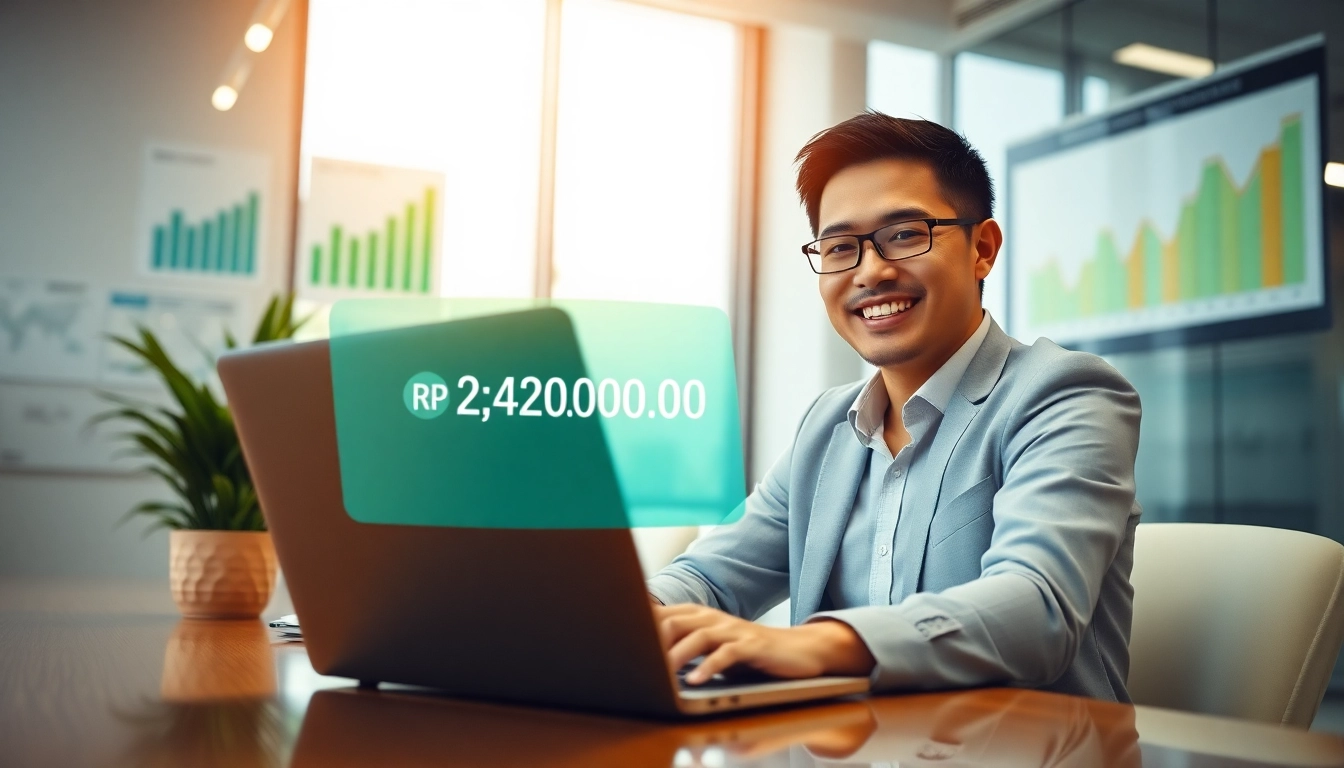 BOX138 showcases financial success with a happy businessperson celebrating a withdrawal of Rp 2.424.000,00.