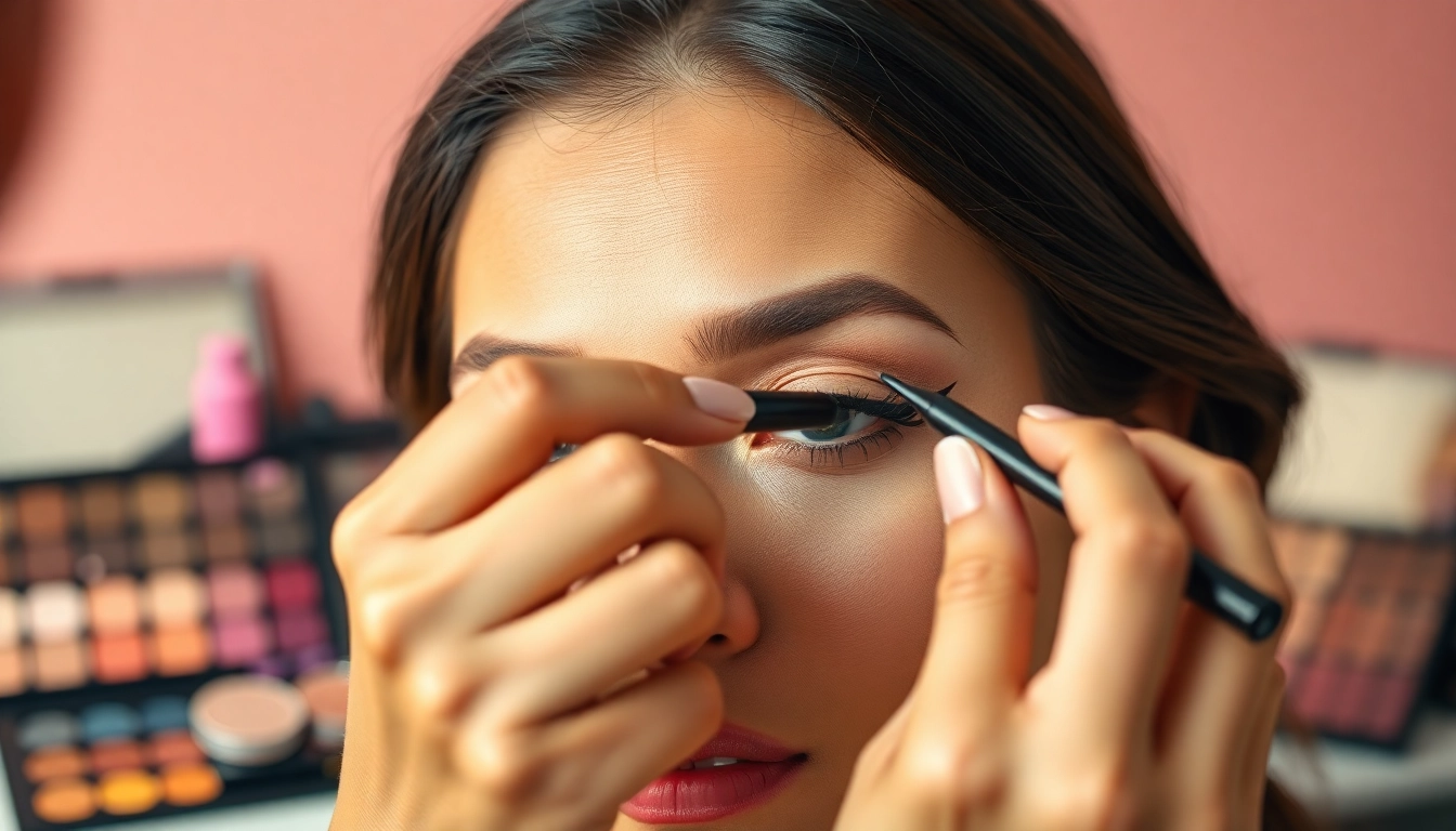 Applying tattoo eyeliner pen in a professional makeup studio, showcasing precision and artistry.