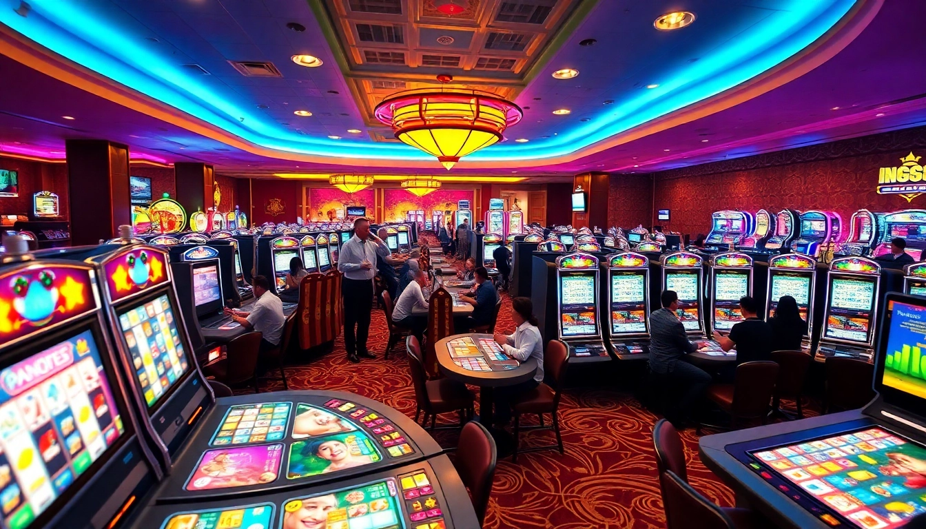 Toto slot gacor dalam suasana kasino yang ceria dengan pemain bersemangat.