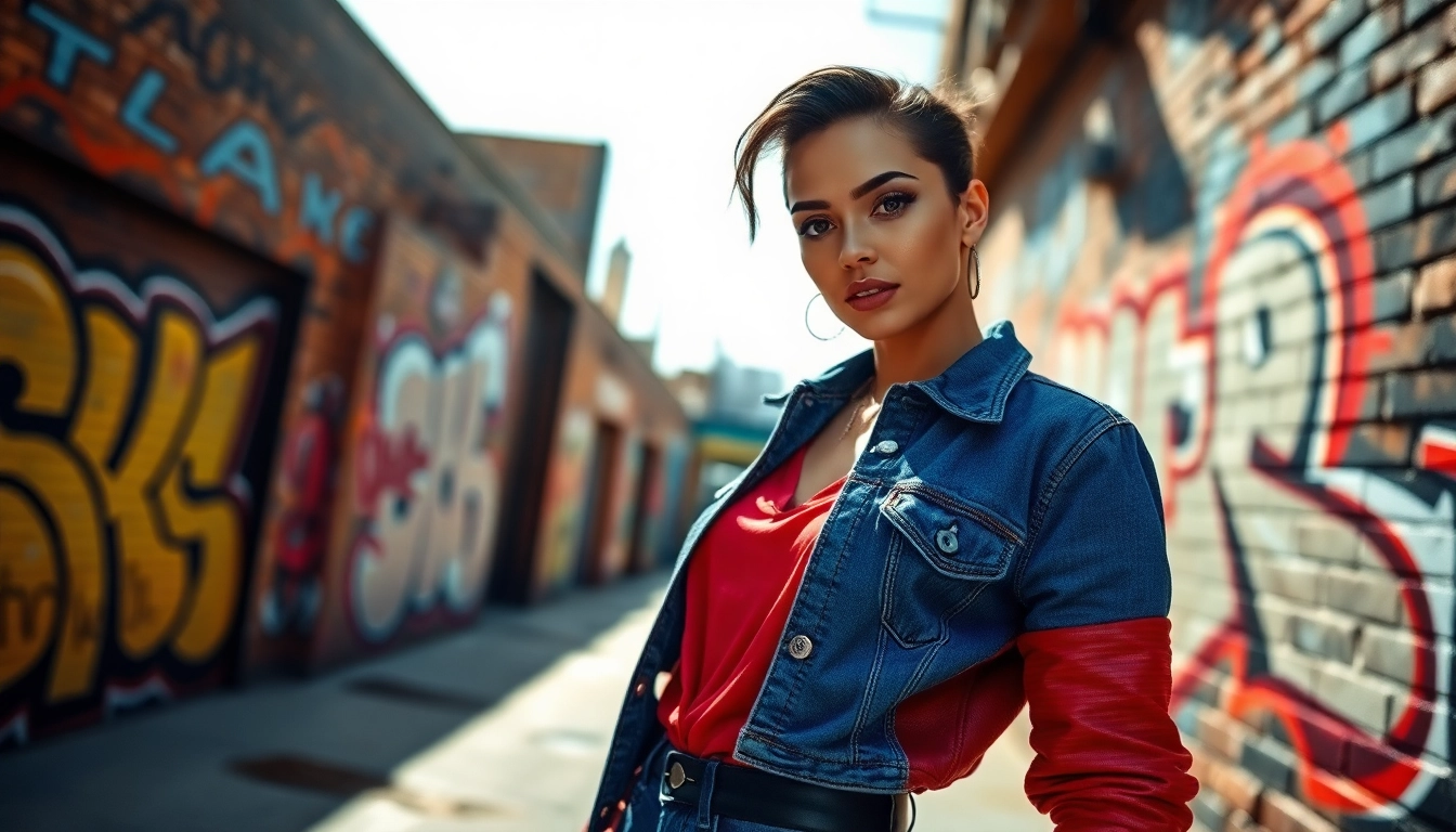 Fashion model showcasing vibrant streetwear in an urban setting with graffiti backdrop.