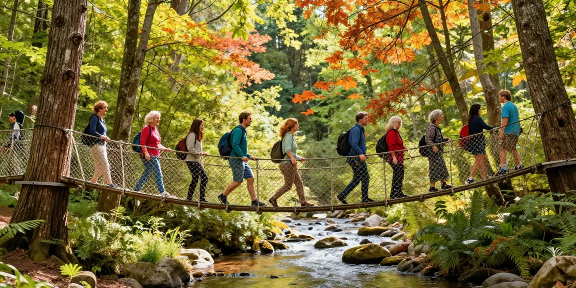 Rope Bridge design connecting trees with people crossing in a vibrant forest.