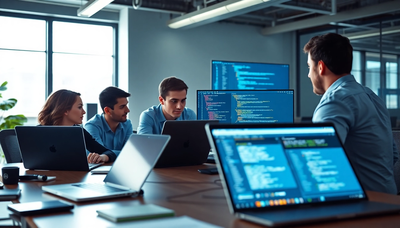 Collaboration on wordpress development outsourcing with developers in a modern office.