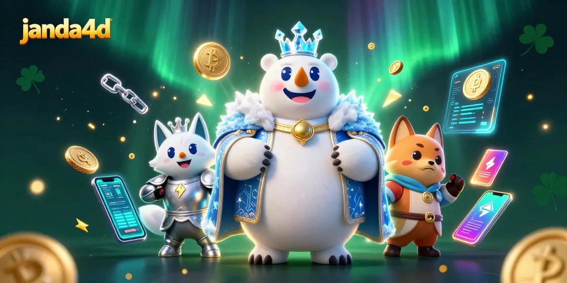 Menghadirkan pengalaman bermain di janda4d dengan ilustrasi kartun 3D raja es dan rubah bersenjata yang mengelilingi koin crypto.