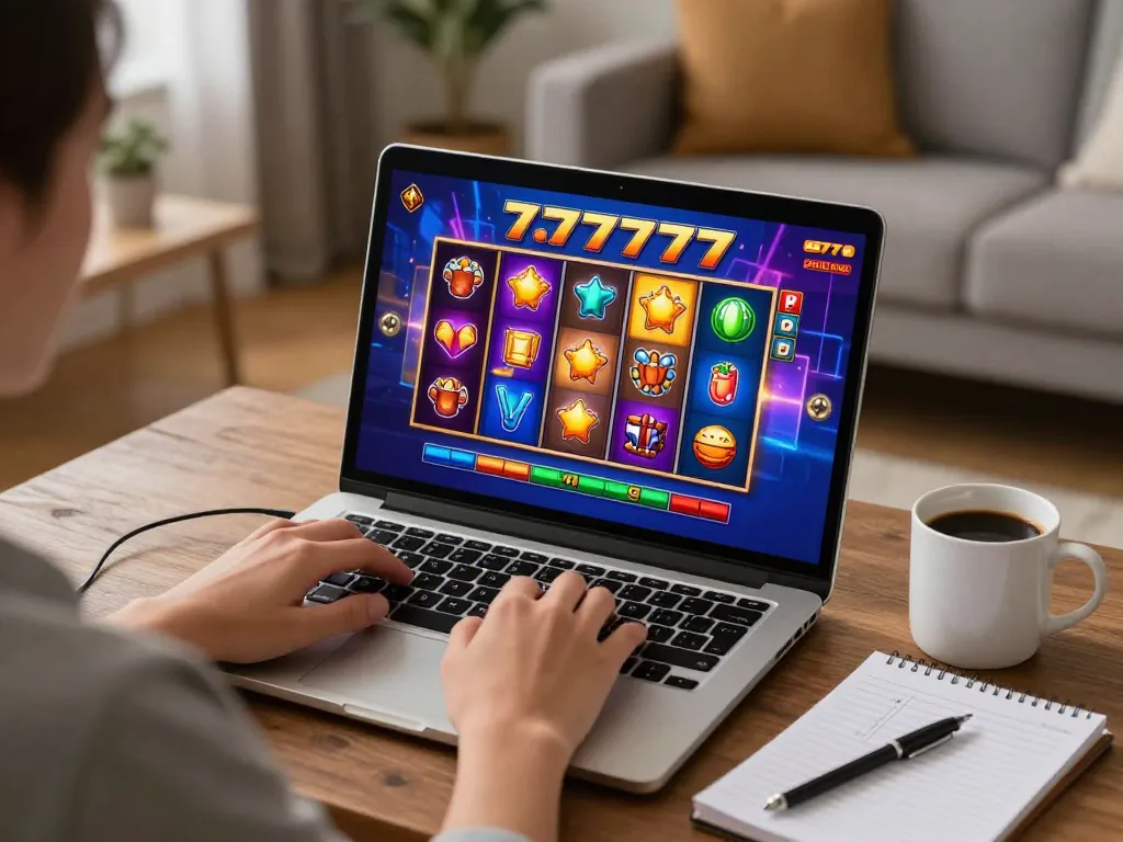 Engaging gameplay in online slot777 casino on a laptop in a cozy home setting.