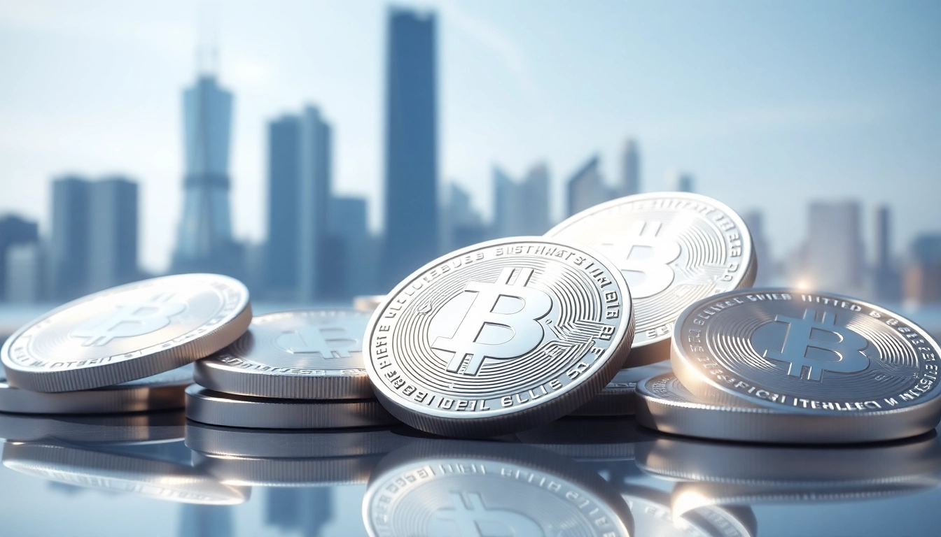 Visualize bitget silver coins amidst a modern city skyline, highlighting cryptocurrency themes and finance.