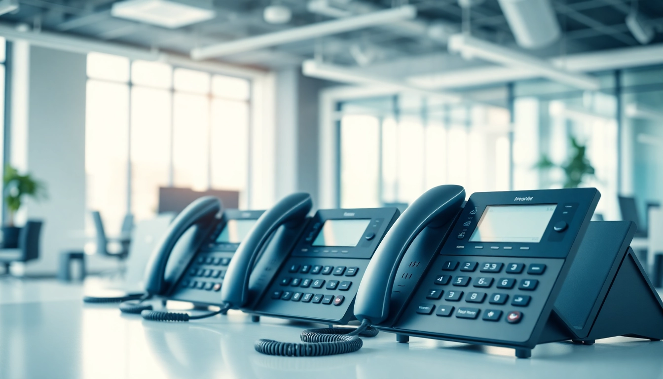Showcasing business telephone systems in a modern office setup with VoIP phones and headsets.