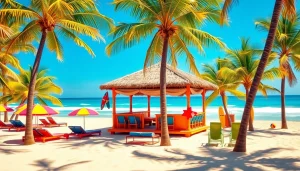 Enjoying the lively coastal cabana experience on the beach with vibrant loungers and umbrellas.