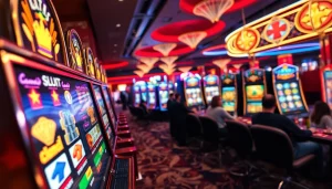 Bermain bolahiu slot dengan mesin slot berwarna cerah dan suasana kasino yang ramai.