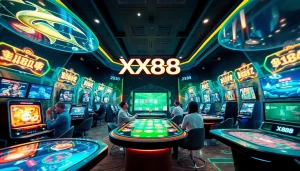 Engaged players at a modern digital casino environment representing xx88.pizzza, showcasing excitement and innovation.