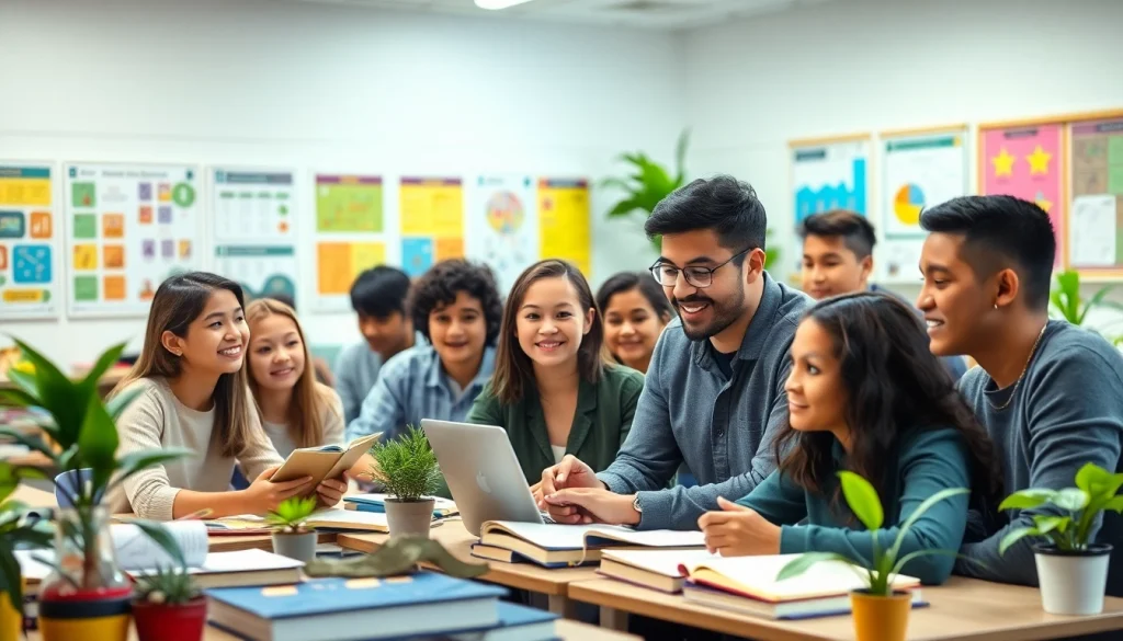 Engaged students collaborating in a lively Education classroom filled with resources and vibrant decor.