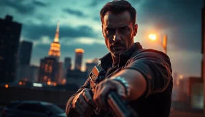 Engaging character in a clean action thriller poised for action amidst an urban backdrop.