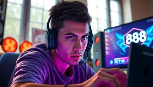 Permainan domino88 link alternatif game yang menarik dengan gamer penuh fokus dan setup gaming berwarna.