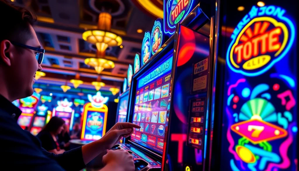 Permainan bandar toto 4d slot yang penuh warna dan menarik di kasino dengan pemain yang terlibat.