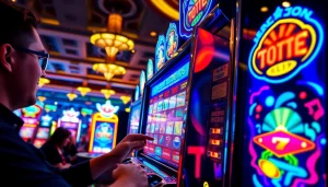 Permainan bandar toto 4d slot yang penuh warna dan menarik di kasino dengan pemain yang terlibat.