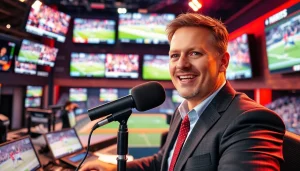 스포츠중계 중계하는 아나운서와 역동적인 스포츠 스튜디오 장면