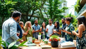 Showcasing informative discussions on sustainability at https://www.unsustainablemagazine.com with a diverse group in an urban setting.