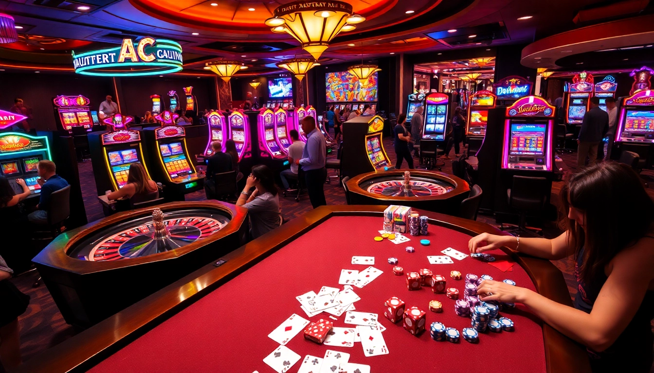 A lively gambling scene featuring players around casino tables, cards, and KJC AC 3 branding elements.