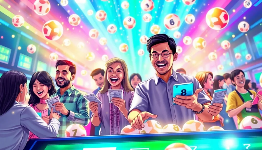 Menggambarkan pemain yang bersemangat dengan toto togel dalam suasana yang ceria dan penuh warna.