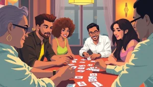 Engage in Ok rummy strategy with players in a lively game atmosphere, showcasing excitement and card action.