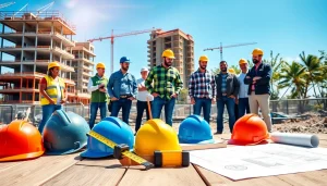 New Jersey General Contractor team collaborating on a construction site with tools and blueprints.