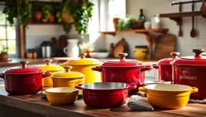 Shop the finest Le Creuset cookware where to buy Le Creuset in NZ, elegantly displayed in a rustic kitchen.