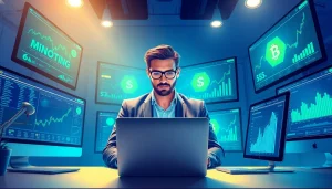 Engaging bitcoin cloud mining scene featuring professional workspace and digital analytics.