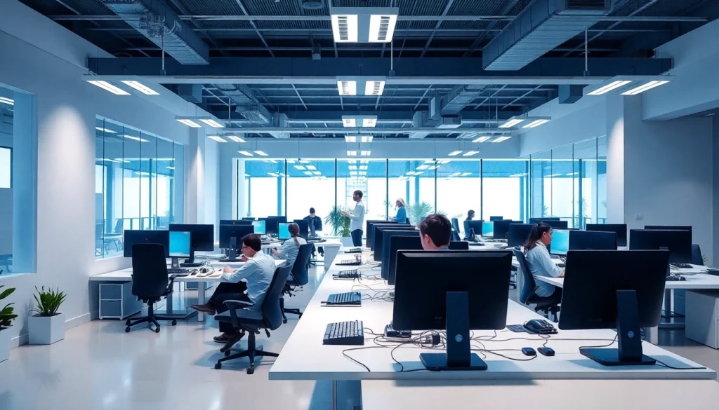 Gestión eficiente con Managed Cloud en un entorno de oficina moderna, optimizando recursos laborales.