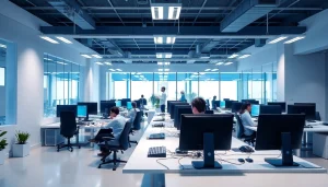 Gestión eficiente con Managed Cloud en un entorno de oficina moderna, optimizando recursos laborales.