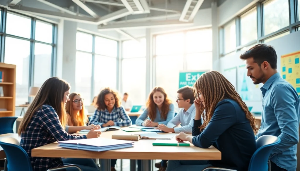 Engaging classroom setting illustrating Education through collaborative student activities and bright colors.
