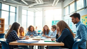 Engaging classroom setting illustrating Education through collaborative student activities and bright colors.