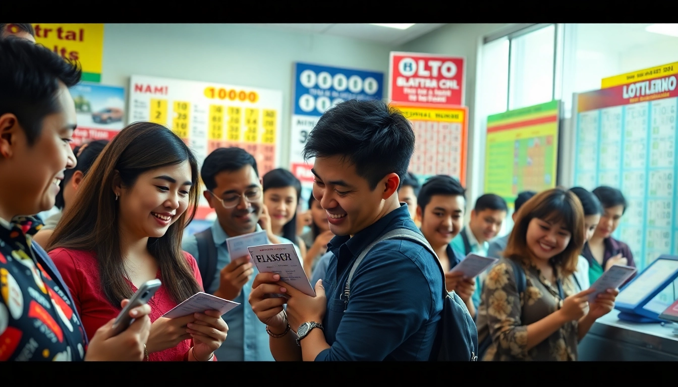 Penggemar angka togel memeriksa tiket mereka di kantor lotere yang ramai dan penuh semangat.