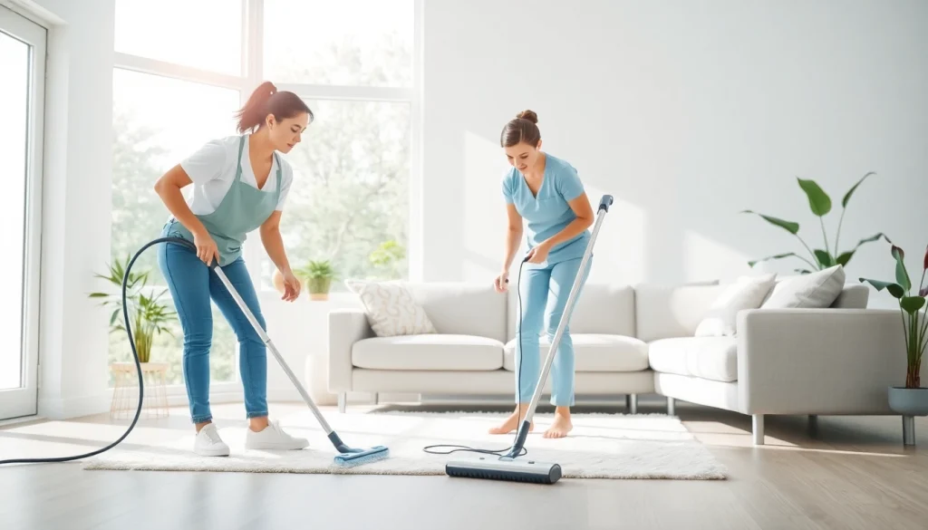 Cleaning Service professionals working diligently in a modern living room for a spotless clean.