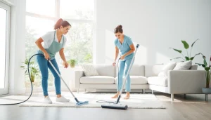 Cleaning Service professionals working diligently in a modern living room for a spotless clean.