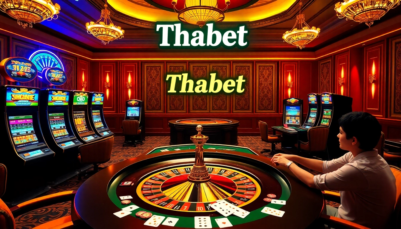 Players engaged in an exciting gambling experience at Thabet casino, featuring roulette and vibrant slot machines.