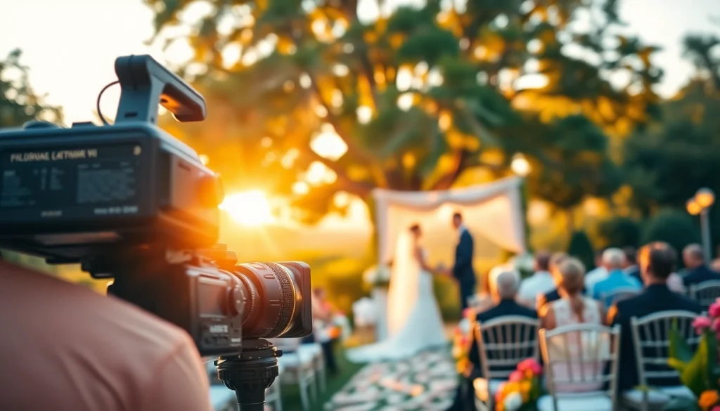 Videographer capturing wedding moments in a stunning outdoor setting during golden hour.