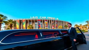 World Cup Group Transportation in a luxurious limousine outside a stadium in Los Angeles.