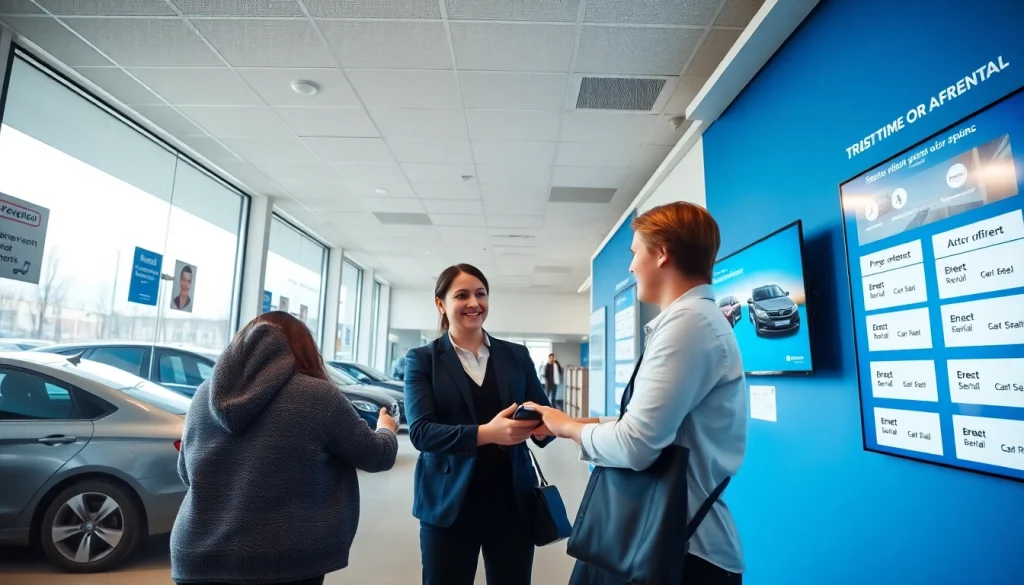 Customer service interaction at a car rental office in Chisinau, showcasing chirie auto services.