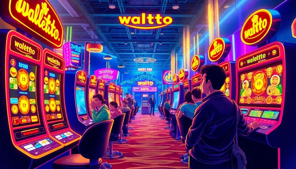 Tampilkan pengalaman bermain walettoto dengan pengguna bersemangat di latar belakang permainan slot.