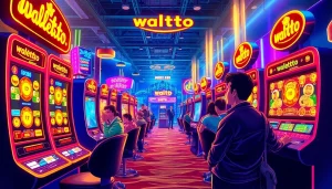 Tampilkan pengalaman bermain walettoto dengan pengguna bersemangat di latar belakang permainan slot.