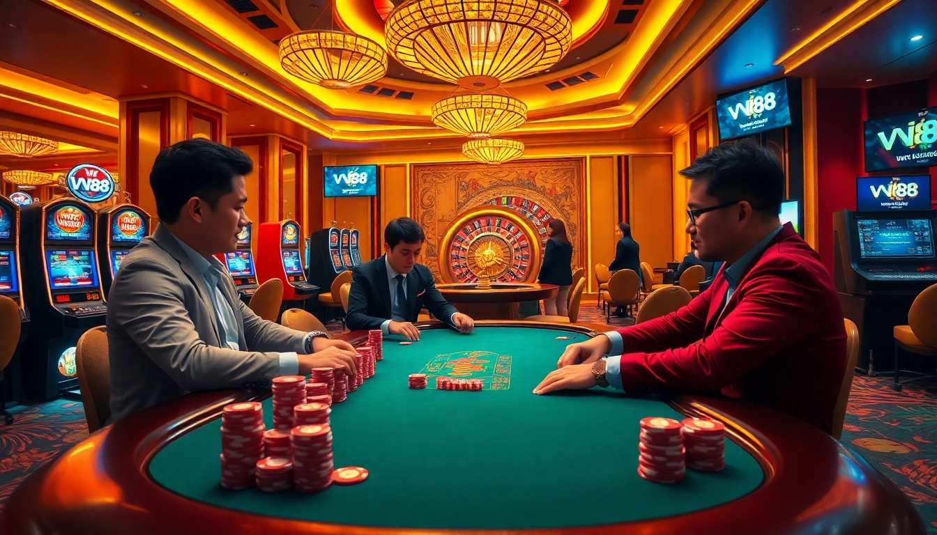Players engage in high-stakes poker at VN88 casino with vibrant slots in the background.