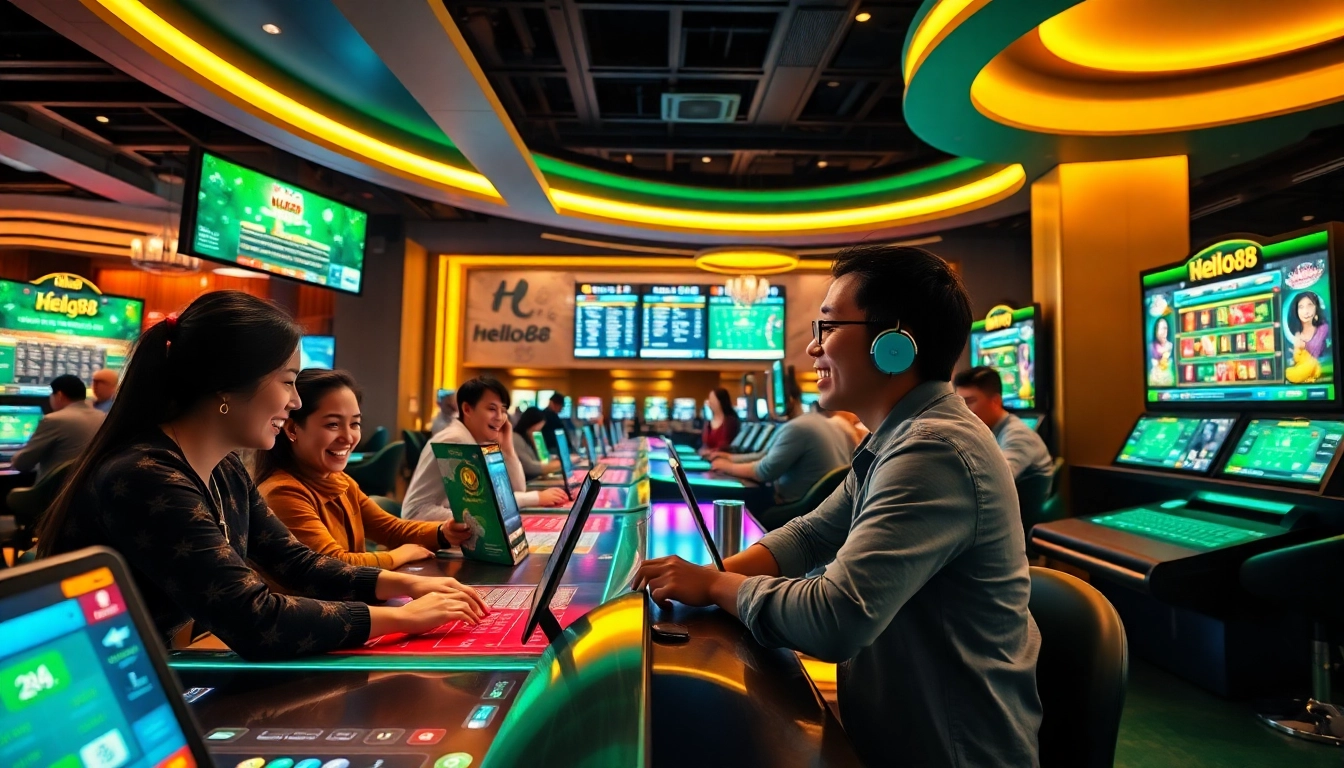 Hello88 online gambling scene showcasing players enjoying interactive games, illuminated in vibrant green and gold.
