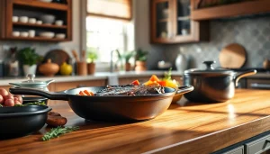 Cooking with premium cast iron cookware NZ on a warm wooden countertop enhances culinary experiences.