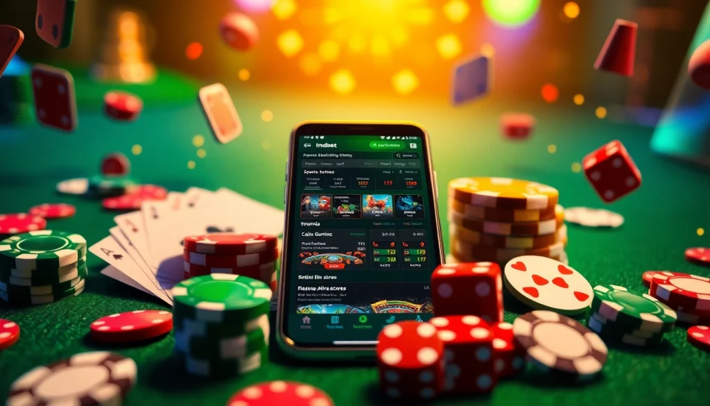 Experience seamless online betting with the Indibet app download on your mobile device surrounded by casino elements.