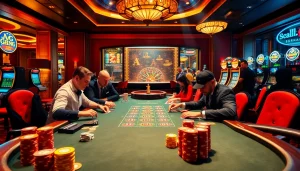 Exciting poker game scene featuring players and colorful chips at https://kingarthurcafe.com/menu.