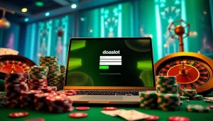 Experience the excitement of doaslot login with an elegant online casino scene featuring poker chips and roulette wheels.