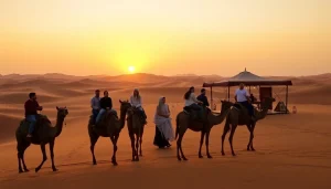 Agafay desert camel ride and dinner with a show at sunset, showcasing a tranquil desert landscape.