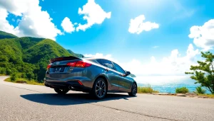 Experience car rental in Kuching Sarawak with a modern vehicle amidst stunning coastal scenery.